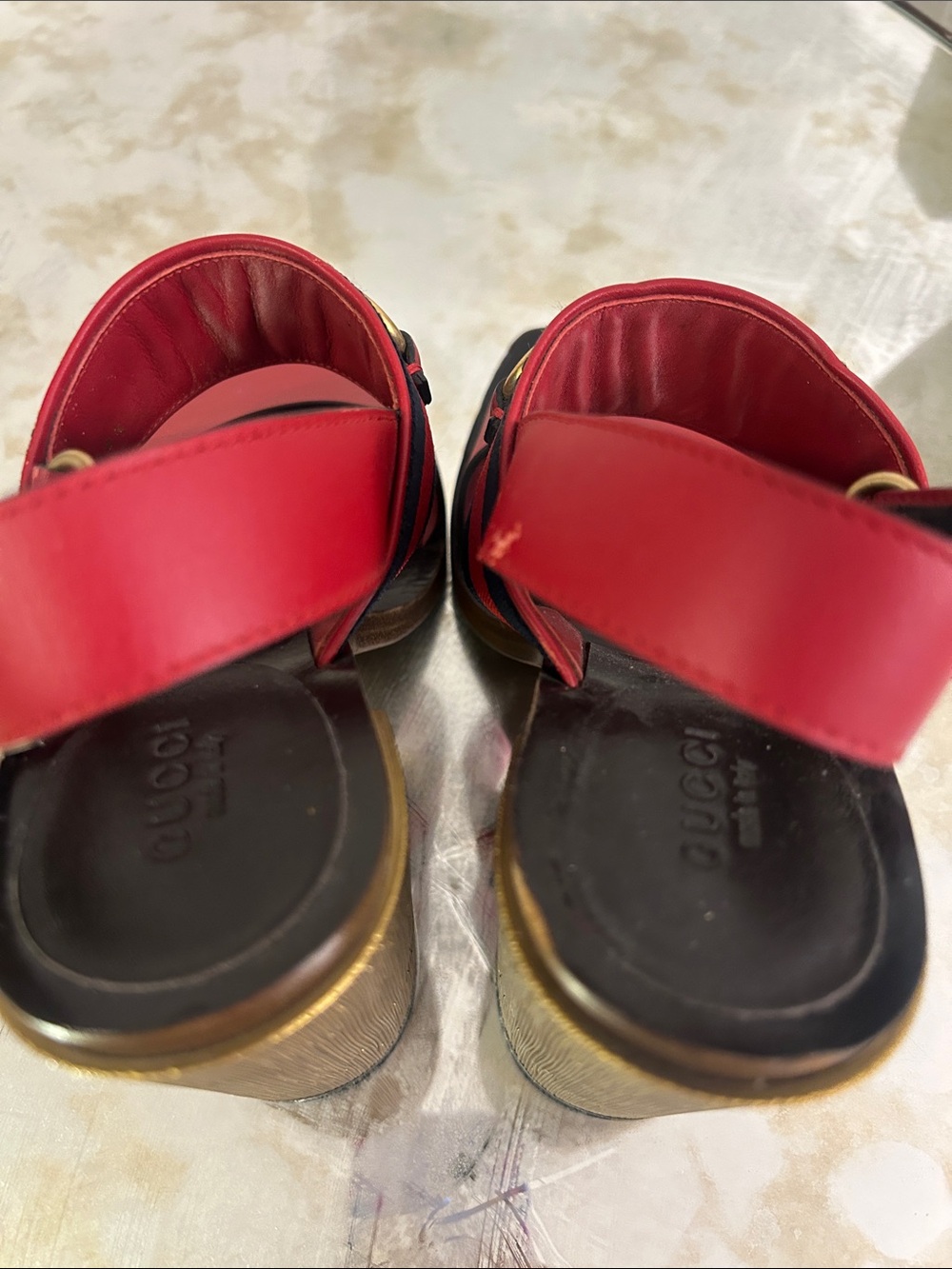 Gucci Red Leather and Navy Web Horsebit Sandals - Picture 3 of 7